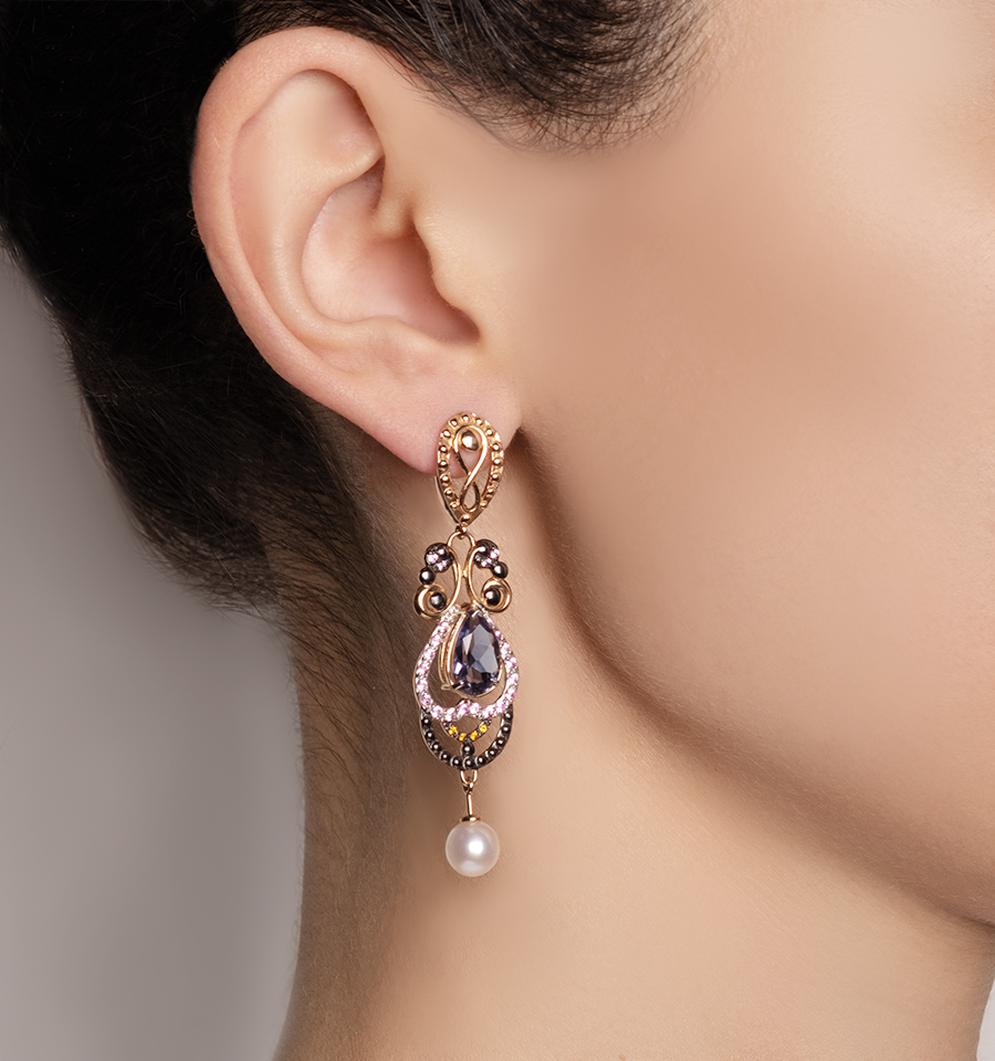 Серьги Кристалл NH32700226773 золото цитрин нат., иолит нат., корунд нат.